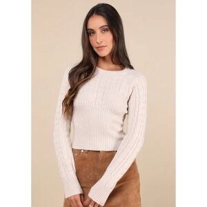 Lulus NWT Cozy Aim Beige Cable Knit Ribbed Sweater Top Crewneck Medium Stretch